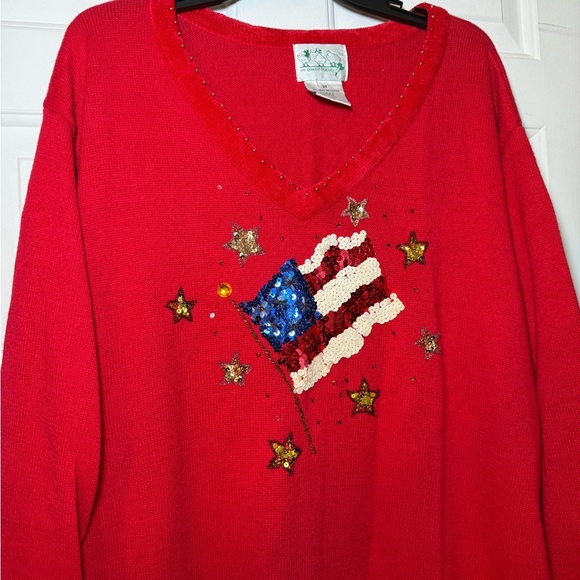 Quacker Factory Red V Neck Sweater Sequined Flag & Stars 3X Plus Beads Patriotic - Picture 7 of 9
